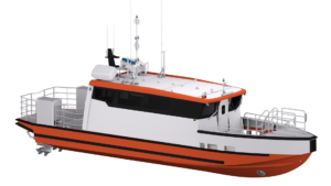 Front‑ISO render of a ProZero 15M FR 12 PAX Workboat featuring white and orange hull, black window panels, roof‑mounted antennas and functional deck layout designed for professional passenger transport and workboat operations.