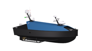 Front‑isometric technical rendering of the ProZero 6M OSR USV (Oil Spill Response) by Tuco Marine Group. The unmanned surface vessel features a sleek black hull and a dark blue deck with radar domes, antennas, and navigation lights mounted along the centerline. The design emphasizes stability and efficiency for autonomous oil spill containment and recovery operations. The transparent background indicates this is a design visualization used for documentation or presentation.