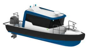 ISO render of a ProZero 8M DCW Full Cabin workboat featuring blue hull, black fender strip, white cabin with large tinted windows, roof‑mounted radar, safety railings and aft outboard engine designed for professional maritime operations.